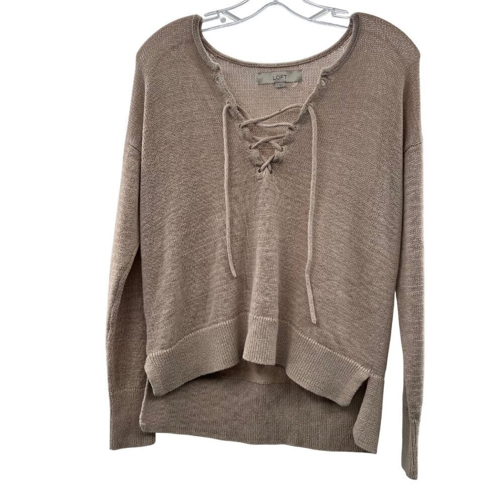 Ann Taylor Loft Women's Crisscross Tie Neck Pullover Sweater Beige Size Medium